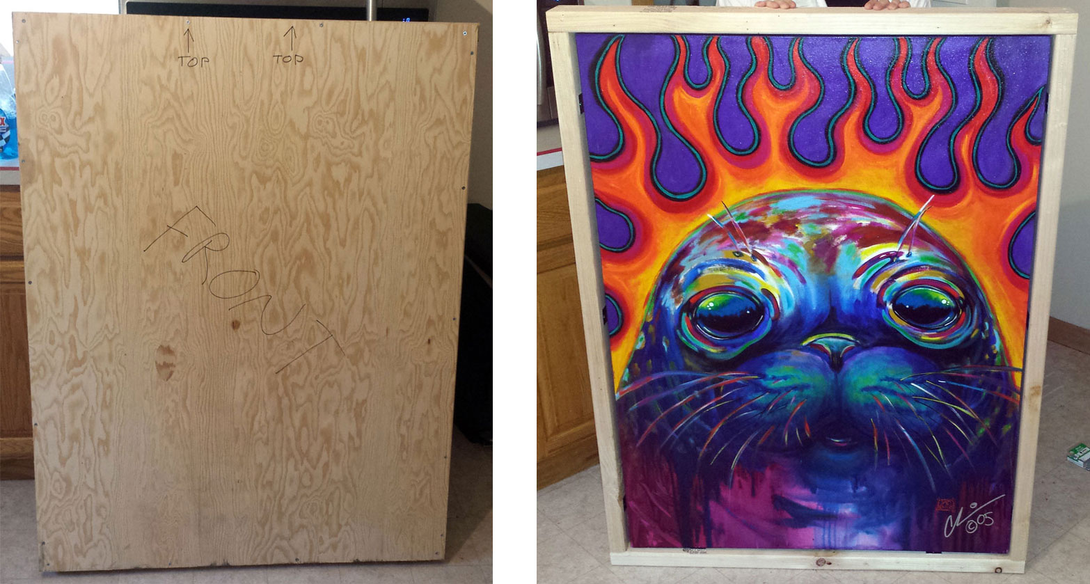 Flaming Seal Painting Artwork Package Wood Crate Ship