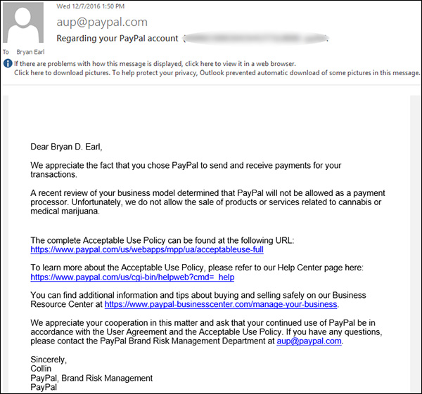 PayPal Denial Letter